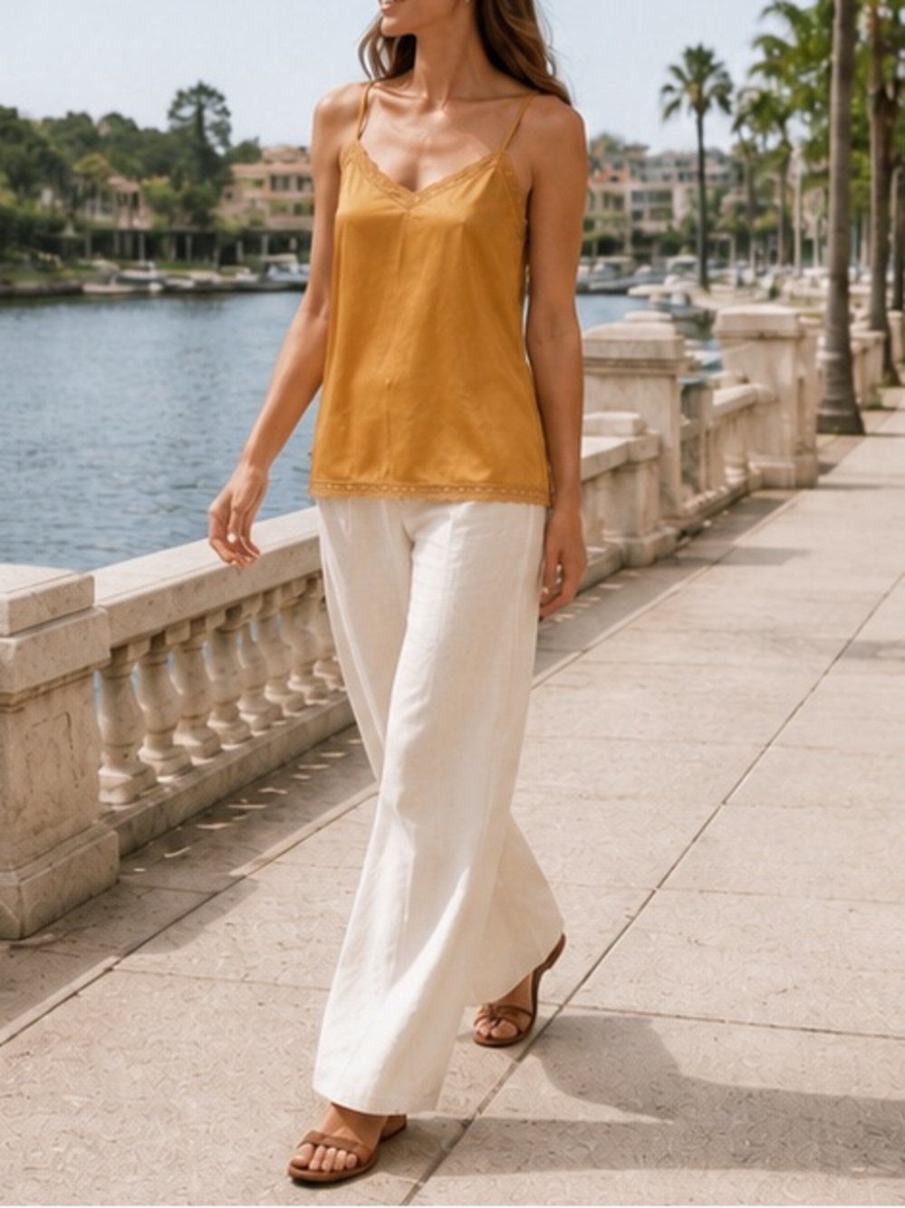 Eileen Fisher 100% Silk Habutai Lace Trim Camisole Orange Marigold NWOT